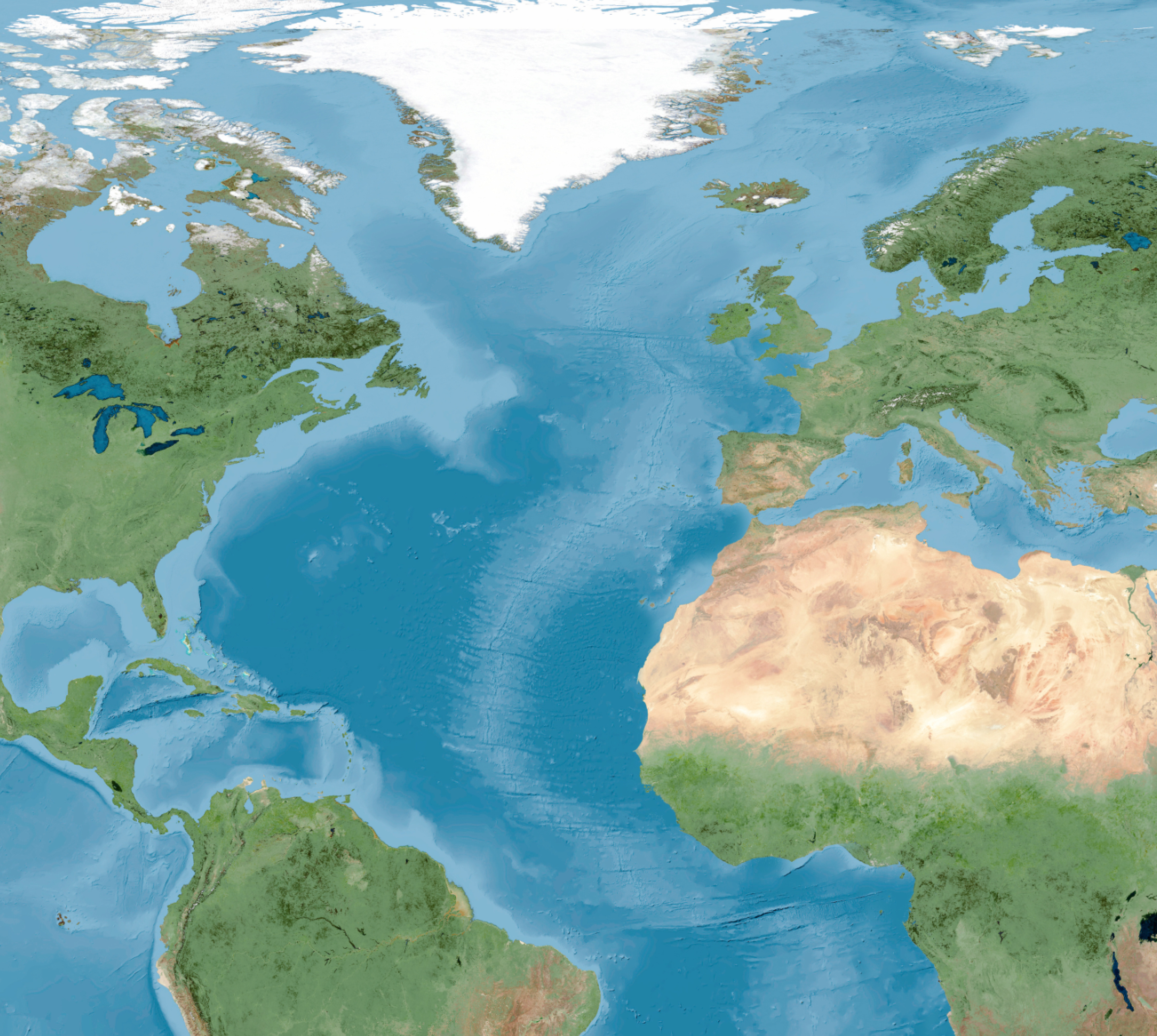 Carte du monde, concentrée sur l'Amérique du Nord, l'Europe et l'Afrique