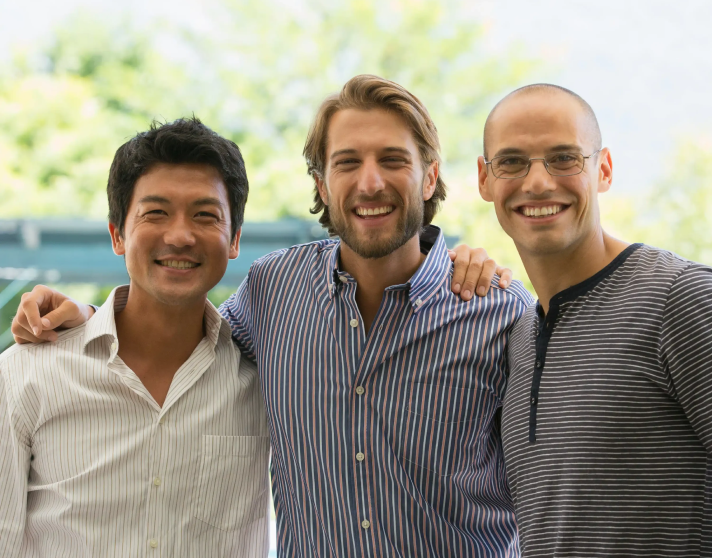 Trois hommes souriant devant la caméra